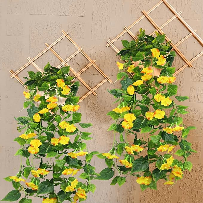CISDUEO 2 Pcs Artificial Vines Silk Morning Glory Vines for Outdoor 15Feet Hanging Plants Garland Yellow Fake Green Plant Morning Glories for Home Decor Wall Fence Stairway Wedding Hanging Baskets