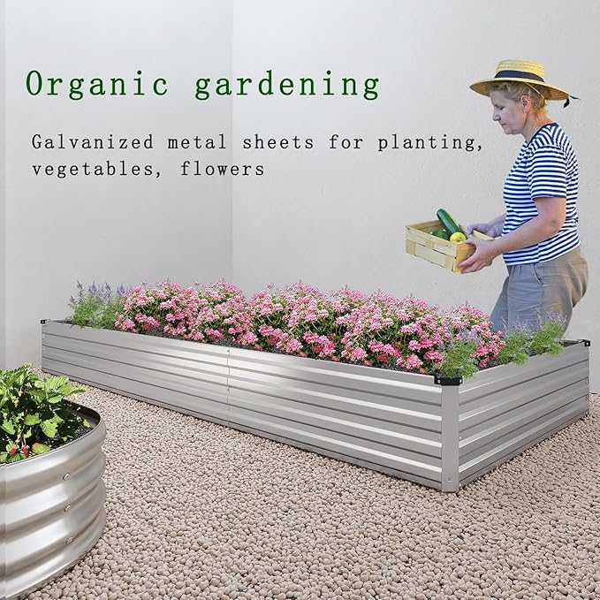 8×2×1FT(2PCS) Galvanized Raised Garden Bed Kit, Metal Planter Boxes,Large Outdoor Planters Garden for Planting Vegetables,Flowers,Herbs -Silver
