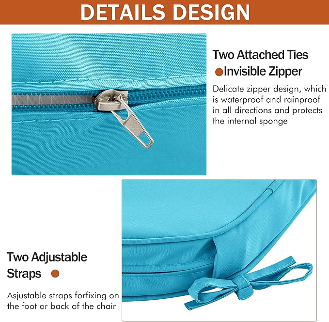 Outdoor Chair Cushions Set of 4 Waterproof Patio Chair Cushions with Tie 5 Year Color Fastness Thick Outdoor Seat Cushion for Garden Lawn Round Corner Teal 17x16 Inch