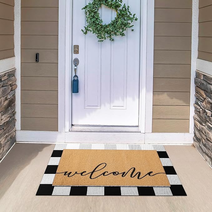 Tinideya 2 Pcs Door Mat Welcome Non Slip Coir Mats Black White Buffalo Plaid Checked Floor Layering Doormats Seasonal for Front Porch Entryway Decor(Welcome)