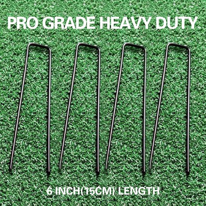 Bakulyor 100pcs Black Landscape Staples + 100pcs Buffer Washer, 6 Inch 11 Gauge Garden Stakes Staples, U Shaped Galvanized Lawn Pins Heavy Duty Yard Ground Pin for Weed Barrier Sod Fabric Decorations