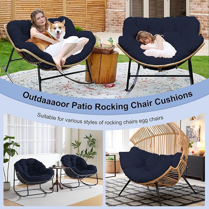 Outdoor Rocking Chair Cushion – Waterproof Wicker Egg Chair Replacement Pad, Thick Papasan Seat Cushion with Ties for Indoor & Outdoor Patio, Porch, Balcony, or Garden (Navy Blue)