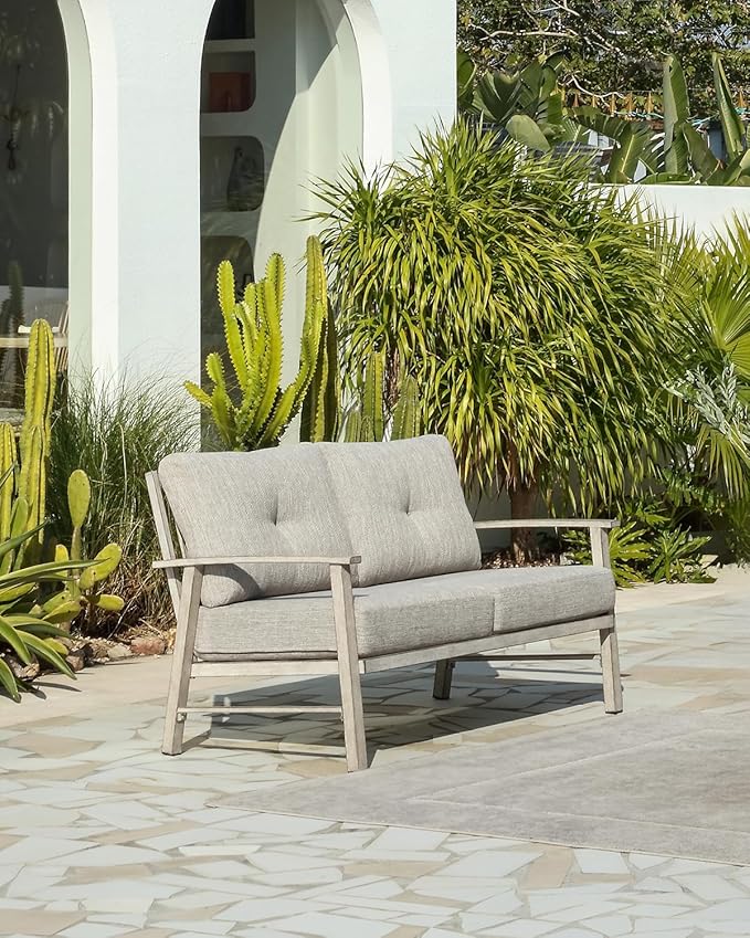 Patio Furniture Loveseat Sofa, Outdoor Aluminum Patio Couch with 5.9'' Soft Cushion, All-Weather 2 Seats Outdoor Furniture Sofa Couch for Garden, Poolside, Lawn, White Oak