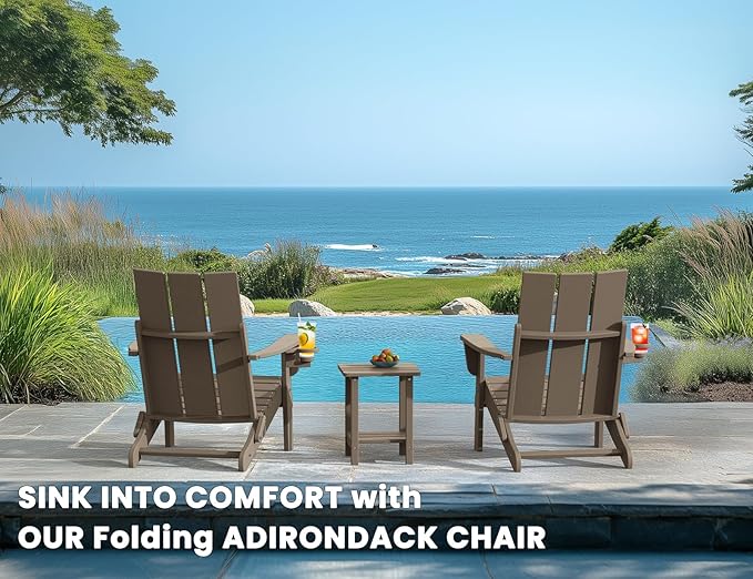 Adirondack Chair with Cup Holder, Folding Outdoor Lawn Chair, HDPE Plastic Fire Pit Chair, Weather Resistant Patio Chairs for Deck, Porch, Backyard, Garden, Weathered Wood