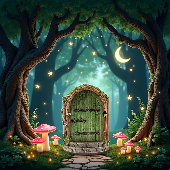 Green Fairy Door, Wooden Miniature Fairy Garden Doors Outdoor Mini Fairy Gnome House Accessories for Tree Trunk Ornaments Garden Miniatures, Fairy Doors for Trees Outdoor, Gnome Door for Tree Trunk