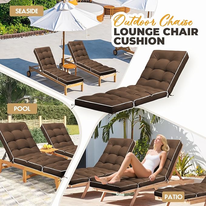 Outdoor Chaise Lounge Chair Cushion, Waterproof Non-Slip Patio Chaise Lounge Cushions for Outdoor Furniture, Thickened Patio Pool Lounger Chair Cushion, 76.4 x 22.8 x 4.7 Inches, Brown