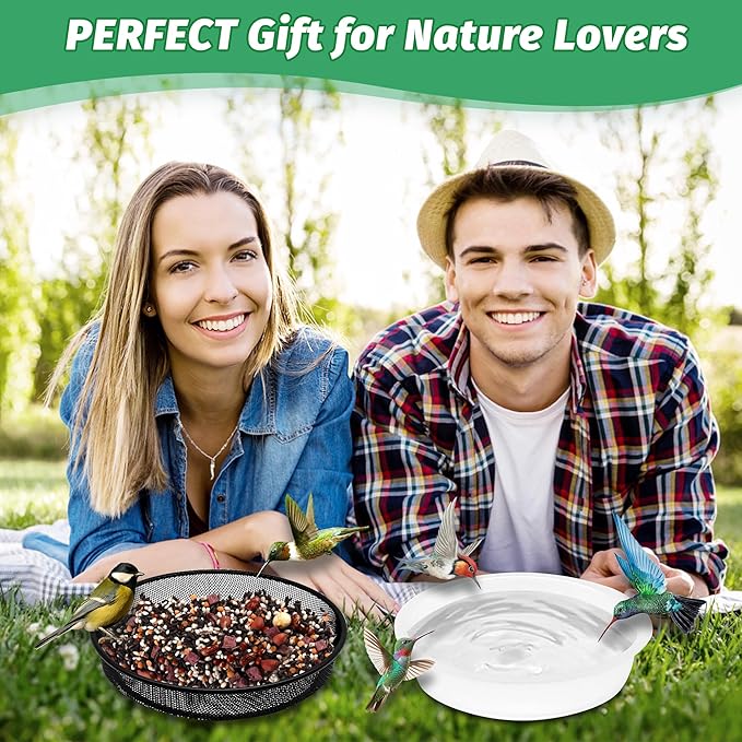 2 Pcs 7 Inch Metal Round Bird Feeder Tray and Plastic Bird Bath Bowl, Wild Birds Seed Tray Bath Water Bowl Outdoor Accessory for Humming Feeder Station (2)