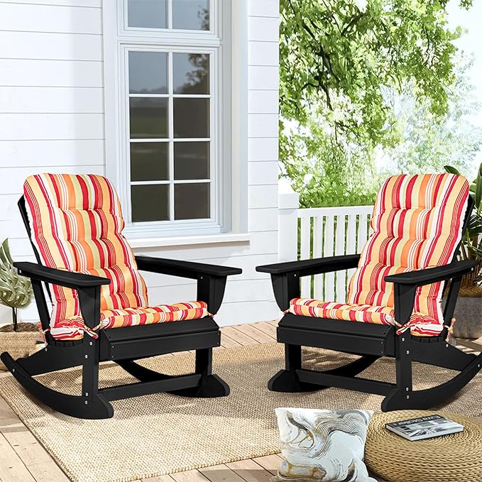 Sundale Outdoor Adirondack Rocking Chair with Cushion Set of 2, Patio Plastic All Weather HDPE Rocker for Proch, Water Resistant for Outside, Garden, Pool, Yard, Black
