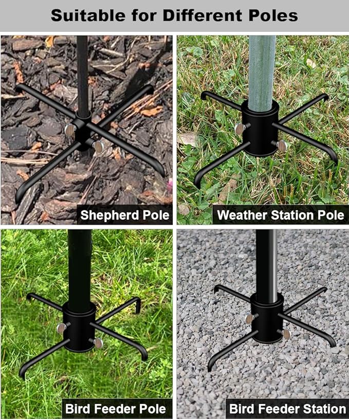 Garbuildman Pole Stabilizer Stand Base with 4 Prongs for Outdoor Bird Feeder Pole, In-Ground Support Applies to 0.74” to 1.1” Shepherds Hook, Black, 1 Pack, Measure Before Purchase