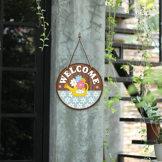 Spring Hanging Decor For Front Door, Watering Can With Flowers Welcome Spring Round Sign Decor For Farmhouse Home Yard Porch, Hello Spring Decorations, Spring Wall Plaque Gifts For Friends Family -02