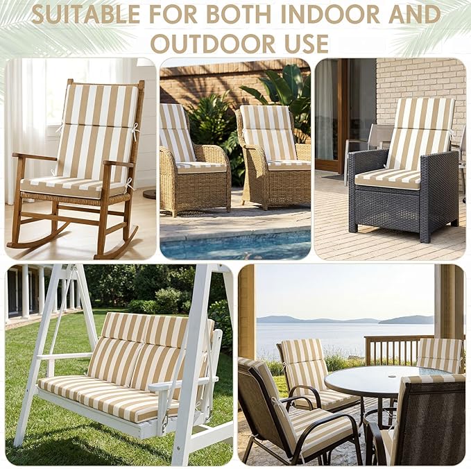 4 Pack Outdoor High Back Chair Cushion, 44 x 20 inches Patio Chair Cushions Waterproof Rocking Cushions Indoor Furniture Seat Pad, Weather Resistant (Stripe,Khaki White)