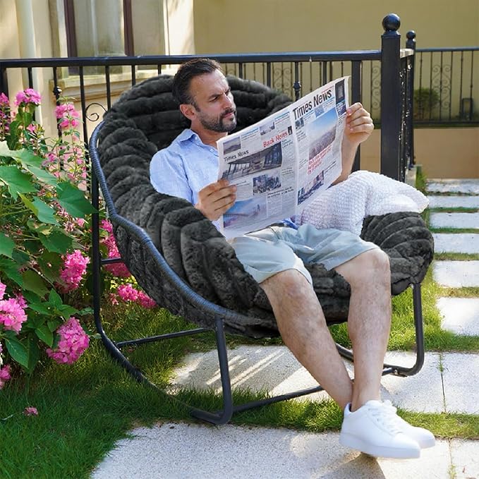 Outdoor Rocking Chair, Patio Wicker Egg Chair, Indoor Comfy Oversized Papasan Chair with Padded Cushion, Royal Rattan Rocker for Front Porch, Garden, Patio (Dark Grey)