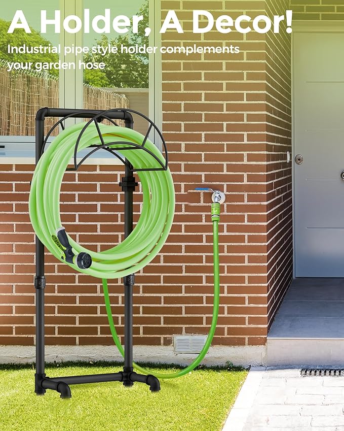 LAND·VOI Hose Holder, Garden Hose Storage Freestanding, Metal Heavy Duty Water Hose Holder Holds 150 Feet Hose, Detachable Hose Storage Hanger for Outside with 4 Spikes, for Lawn Yard, Black GHH02B