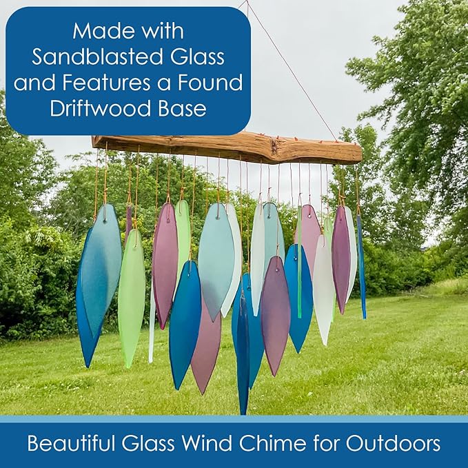 Blue Handworks Mountain Ridge Glass Chime, Sandblasted Glass and Found Wood Handcrafted Wind Chime