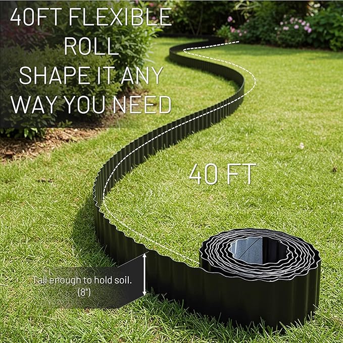 40FT x 8IN Flexible Corrugated Metal Garden Edging Roll, Rust Resistant Galvanized Steel Landscape Border, Flexible Lawn Edging for Flower Beds, Pathways & Outdoor Landscaping