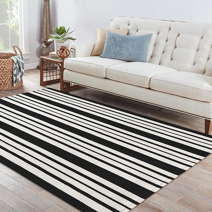 IOHOUZE Black and White Striped Rug 4'x6' Outdoor Rugs, Washable Area Rug for Double Front Door, Large Patio Rug Outdoor Indoor, Doormat for Entryway Porch Entrance