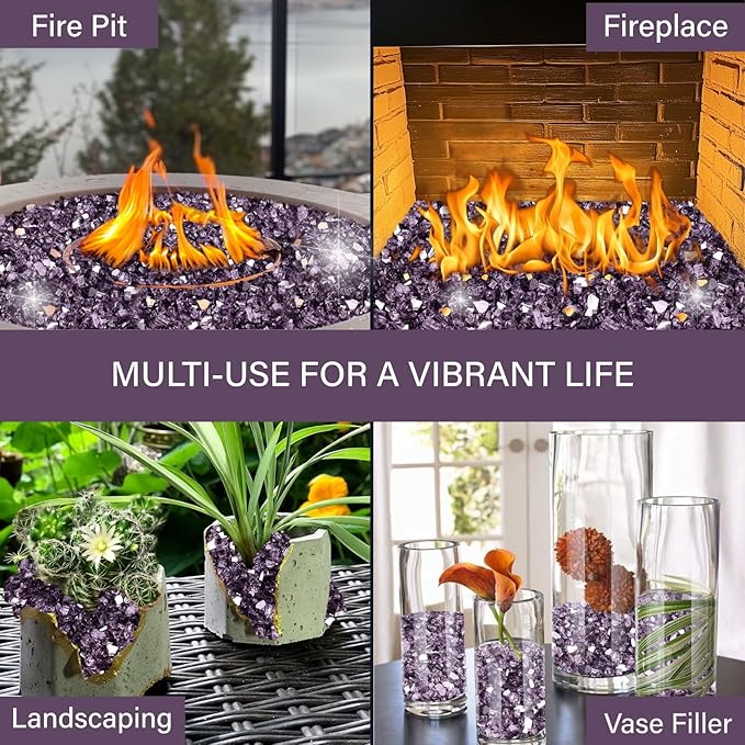 NUPICK 5 Pound Fire Glass, 1/2 Inch Reflective Fire Pit Glass, Tempered Firepit Glass Rock for Propane or Natural Gas, Glass Rocks for Fire Pit Table, Fireplace Glass for Landscaping, Violet