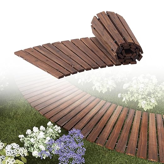 6FT Curved Wooden Garden Pathway Walkway Outdoor Roll Out Decorative Garden Non-Slip Patio Path Decorative Boardwalk Outdoor Road Floor for Backyard Beach Wedding Party