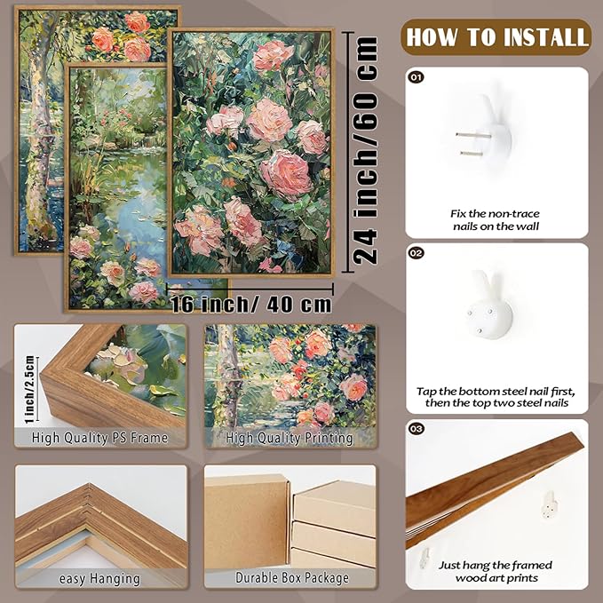 QTUSYUR Watercolor Rose Flower Wall Art - Large Farmed Country Garden Pond Art Print - Plant with Floral Canvas Artwork for Farmhouse Living Room- Vintage Abstract Painting for Home Decor 16”×24”×3