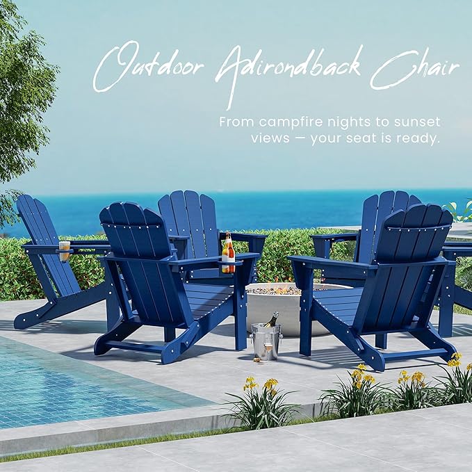 Domi Folding Adirondack Chair, HDPE All-Weather Outdoor Chair with Cup Holder, Wooden Textured Fire Pit Chair for Backyard, Patio, Poolside & Deck, Navy Blue