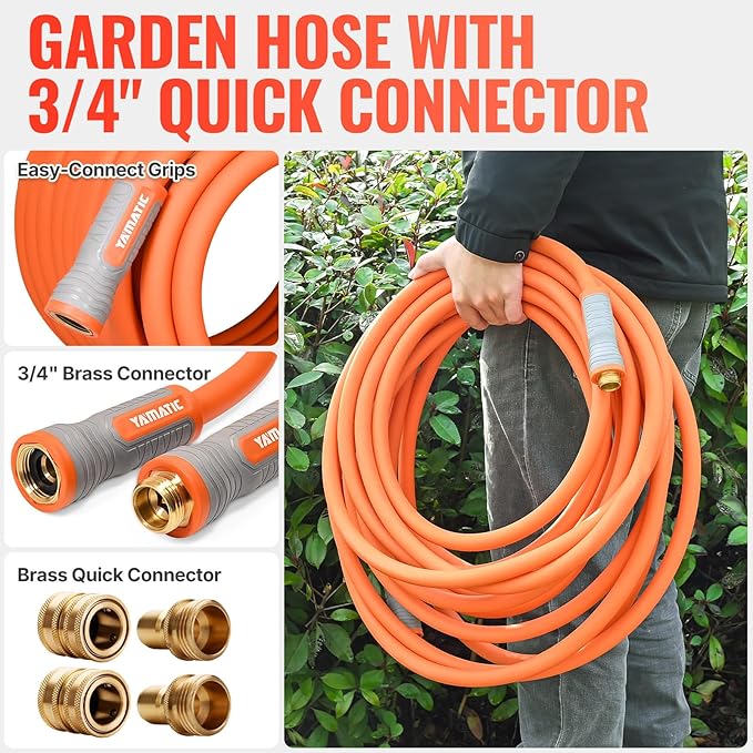 YAMATIC Garden Hose 5/8 in x 60 ft, Ergonomic Swivel Fittings, Burst 600 PSI, Heavy Duty, Flexible and Lightweight Water Hose with 2 Set Quick Connect