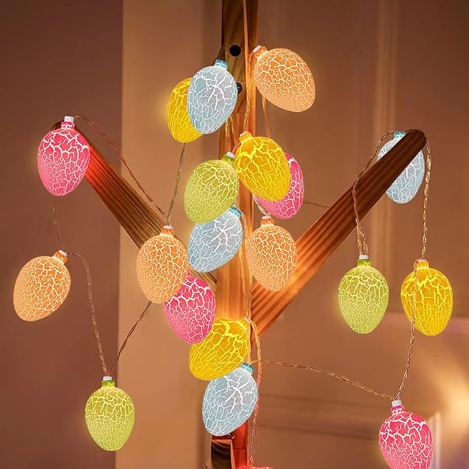 Easter String Lights, 8.5Ft Easter Day Egg Lights with 10 Multicolor Crack Egg, Plug-in Easter Fairy String Lights Waterproof Connectable for Indoor Bedroom Patio Garden Spring Theme Party Decor