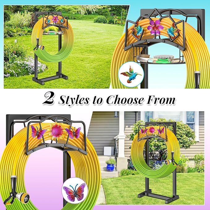 Garden Hose Holder, Heavy Duty Metal Water Hose Holder with Storage Basket, Freestanding Hose Stand Hanger, Sturdy Hoses Storage Rack 150-feet for Outside Yard Lawn