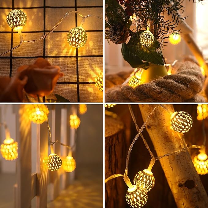 String Lights Indoor 20 LED Moroccan Fairy Lights Battery Operated with 8 Modes Outdoor Waterproof Globe Light for Home Patio Wedding Diwali Christmas Decor, Warm White