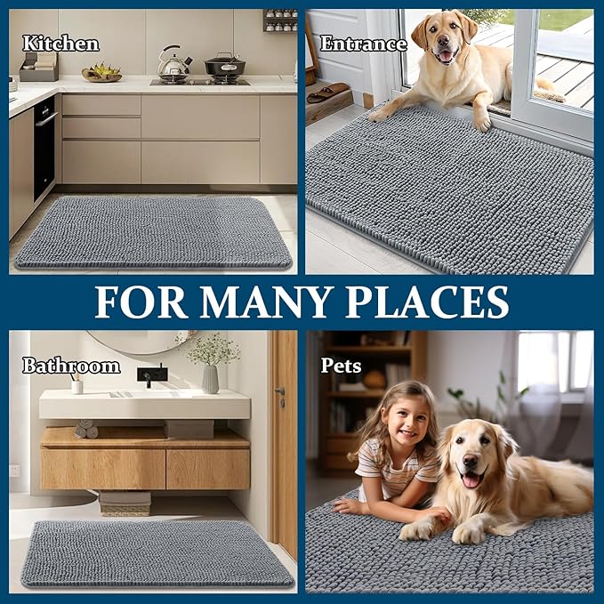 OLANLY Dog Door Mat for Muddy Paws 59x20, Absorbs Moisture and Dirt, Absorbent Non-Slip Washable Doormat, Quick Dry Chenille Mud Mat for Dogs, Entry Indoor Entryway Carpet for Inside Floor, Grey