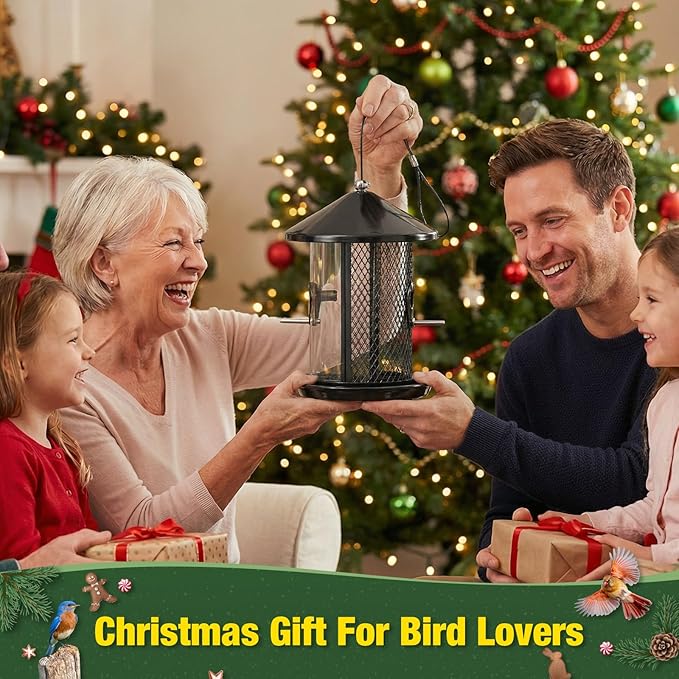 Kingsyard Metal Bird Feeder for Outdoor Hanging - Chew Proof Wild Bird Finch Cardinal Feeder with Dual Chamber of 4 lbs Capacity for Bluebird, Black