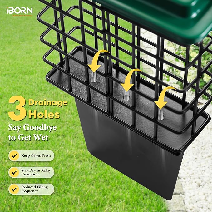 iBorn Suet Feeder with Tail Prop,Woodpecker Feeder,Suet Feeders for Outside Hanging,Suet Bird Feeders for Outdoors,Heavy-Duty Suet Cage,Suet Holder,Rainproof Roof,Easy Clean and Refill,1 Pack,Green