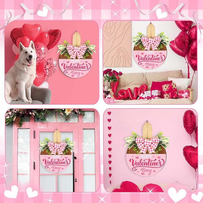 Britimes Happy Valentine’s Day Welcome Door Sign Valentine’s Day Round Wooden Hanging Decorations Pink Romantic Rustic Farmhouse Front Door Sign Wall Art Decor for Home Wedding Outdoor