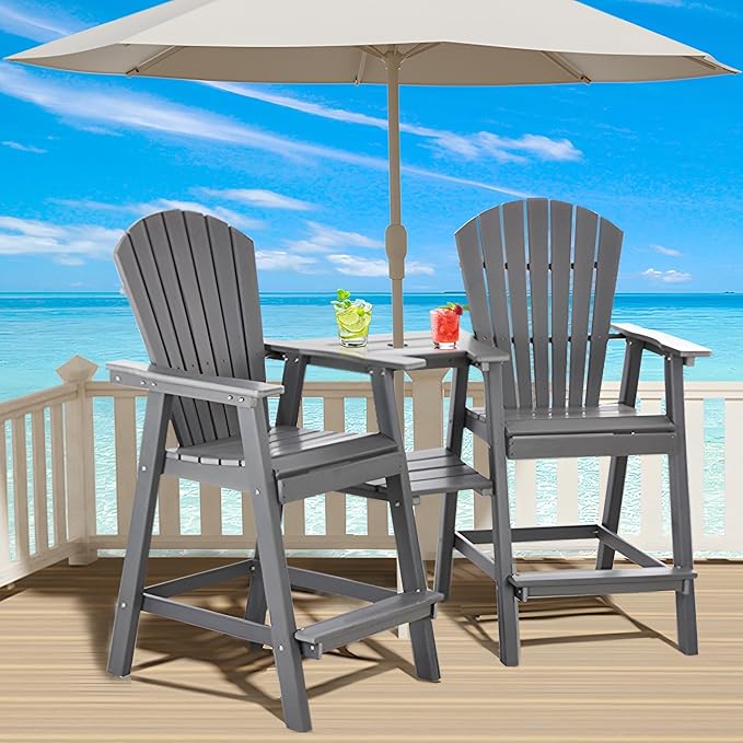Tall Adirondack Chairs Set of 4, HDPE Balcony Chair with Double Connecting Tray, Weather Resistant Outdoor Adirondack Bar Stools for Patio, Deck, Patio, Backyard, Balcony. (Grey)