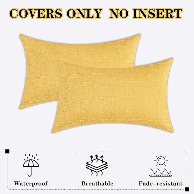 Kevin Textile Outdoor Waterproof Lumbar Pillow Covers 12x24 Inch Pack of 2 Checkered Decorative Rectangle Cushion Throw Pillowcases Shell for Patio Tent Garden Couch Bed Sofa Yellow