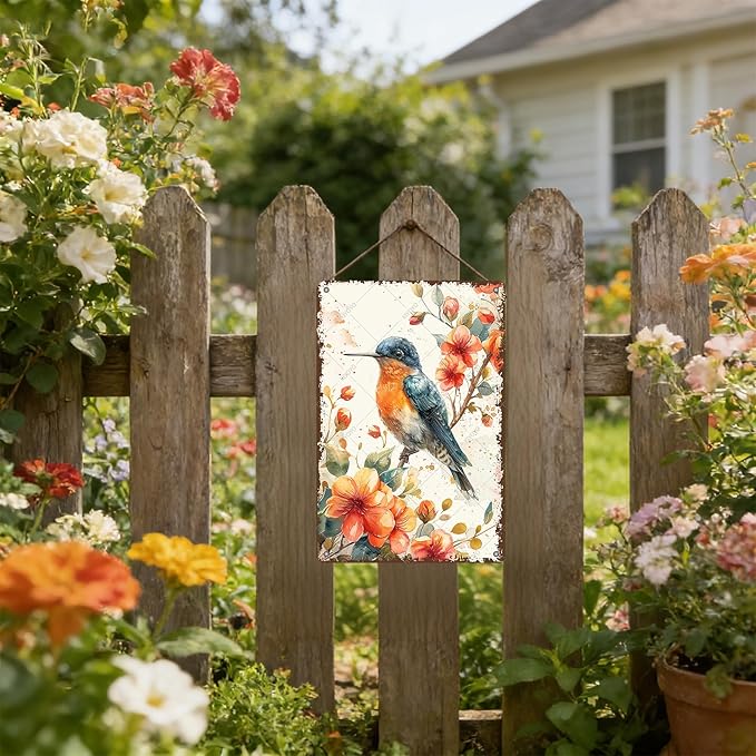 Vintage Tin Sign Hummingbird Watercolor Colorful Bird Metal Sign Hummingbird Art Decor for Home Garden Kitchen Office 12x8 Inch