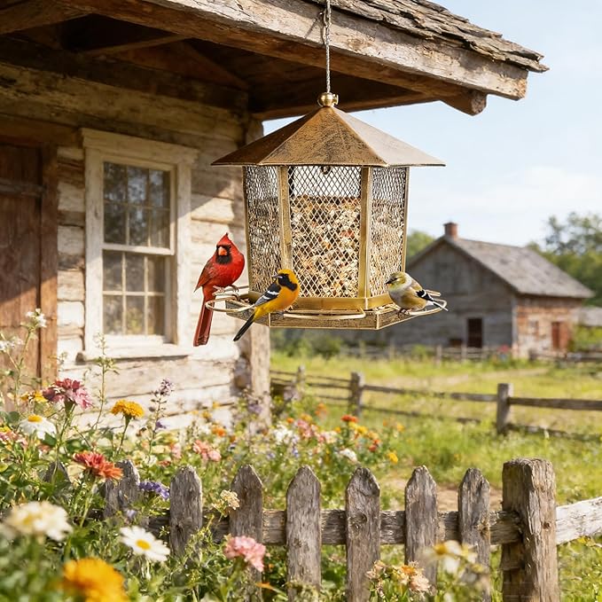 Wild Birds Feeder, Finch Bird Feeder for Outdoors, Metal Hexagonal Gazebo Birdfeeder for Garden Patio Outside Hanging