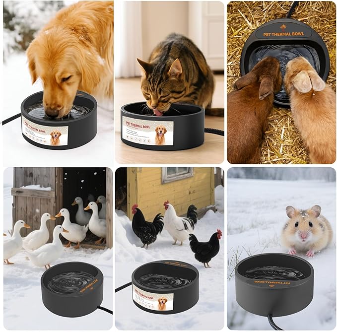 2.2L Heated Dog Bowl, Provides No Freeze Water, Pet Water Heater for Dogs/Cats/Chickens/Birds/Livestock, Black