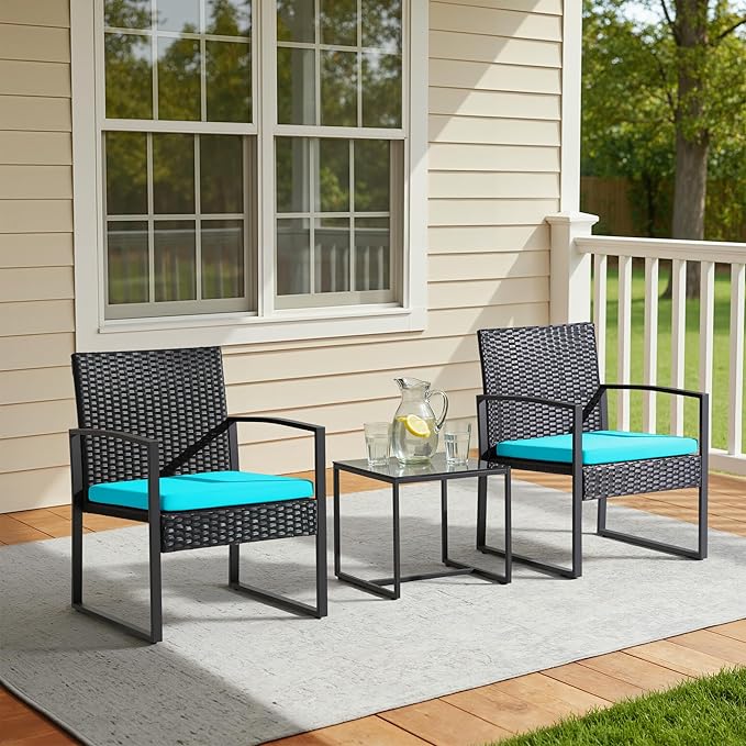 Greesum 3 Piece Wicker Conversation Bistro Sets Outdoor Patio Set Modern Rattan Chair Furniture Sets with Coffee Table for Yard Garden Porch Lawn (Blue)
