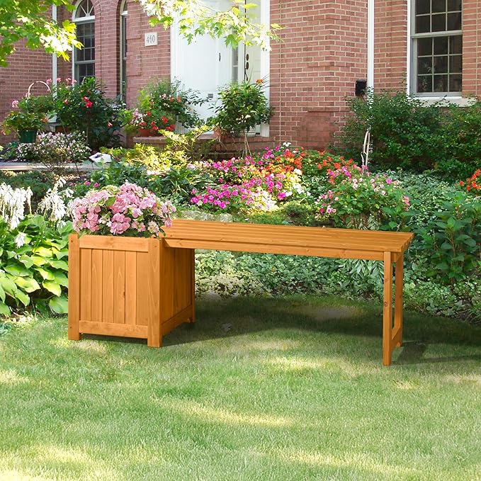 VINGLI Outdoor Wood Bench with Planter Boxes, 2-in-1 All-Weather Porch Bench Seat & Open-Ended Wooden Raised Garden Bed, for Balcony Yard Patio (1 Box)