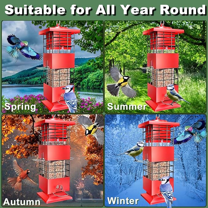 Bird Feeder Squirrel Proof for Outdoors Hanging, 3Lbs Metal Heavy Duty Birdfeeder with 4 Feeding Ports, Wild Birds Seed Feeder for Cardinal, Finch, Sparrow (Red)
