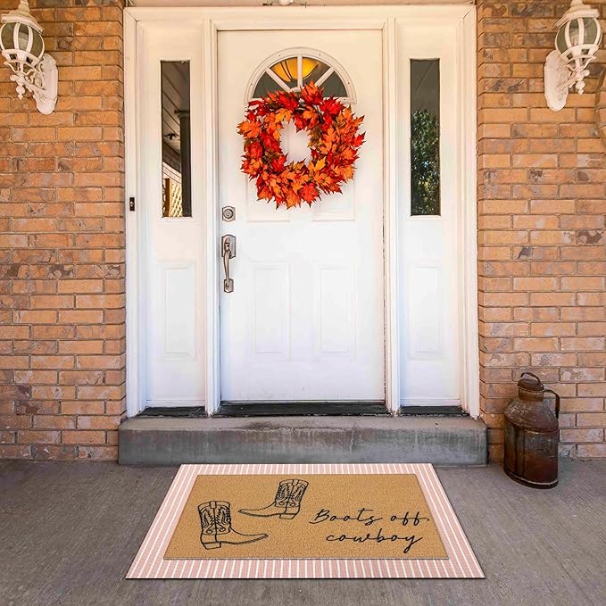 Tinideya 2 Pcs Fall Door Mat Western Cowboy Welcome Non Slip Coir Mats Pink Stripe Floor Layering Doormats Seasonal for Front Porch Entryway Decor(Cowboy)