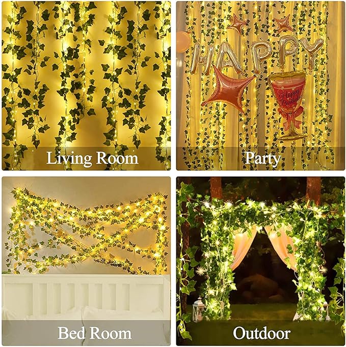 12 Packs Artificial Ivy, 84FT Garland Hanging Plants Fake Vines with 200 LED String Light for Bedroom Wedding Party Garden Wall Room Home Decor