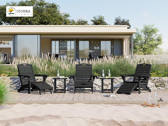 Ciokea Folding Adirondack Chair Set of 6 with Retractable Ottoman Fire Pit Patio Chair with Pull Out Foot Rest Weather Resistant Lawn Outdoor Chair with 2 Cup Holder(Black)