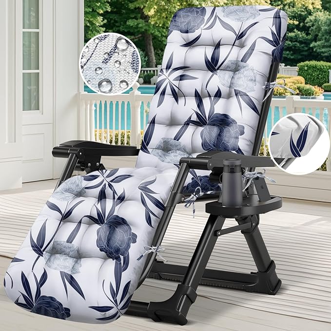 Zero Gravity Chair Cushion Outdoor Chaise Lounge Chair Cushion Waterproof 66 x 21 x 4 Inches Cotton with Ties, Soft Thickened Indoor Outdoor Furniture (Blue Enchantress)