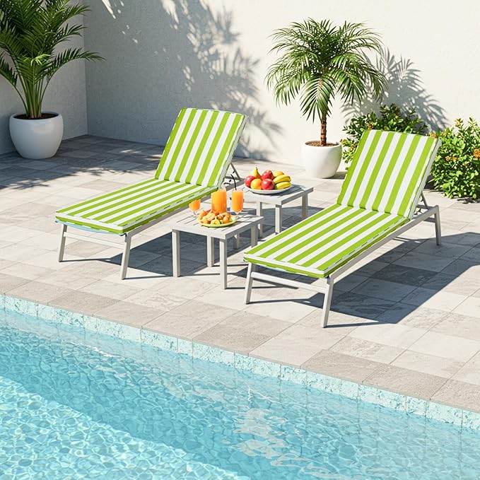 Chaise Lounge Cushions Outdoor Set of 2, 71"x22"x3" Patio Lounge Chair Furniture Cushions with Washable Covers for Pool, Patio, Lawn (Green+White Stripes, 2 Pcs)