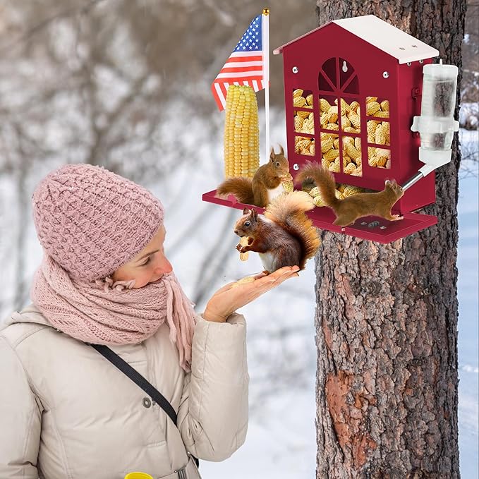 Metal Squirrel Feeder for Outside, Hanging Squirrel House for Outdoors with Water Bottle, Flag and Corn Cobs Holder, Peanut Feeder for Chipmun,Red