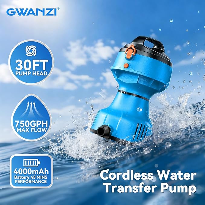 1/4HP Cordless Water Transfer Pump Submersible Water Pump 750GPH 30FT Head IPX8 Included 2x4000mAh 21V Battery and Charger Pool Cover Pump 3/4" Outlet for Pool Pond Garden Bathtub RV Boat
