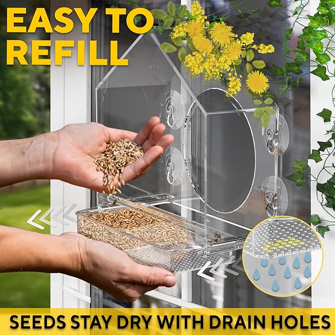 Premium Window Bird Feeder for Outside - Clear Bird House w/Largest Window for Viewing Birds - Easy to Install & Sturdy Feeder w/Extra Strong Suction Cups - Perfect for Kids, Adults and Cats
