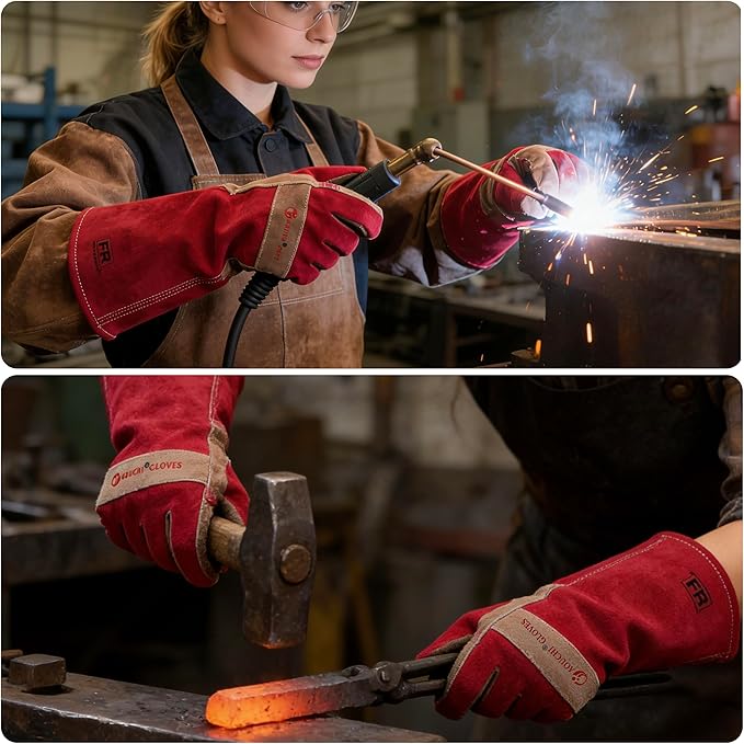 Gardening Gloves for Women, Long Thorn Proof Garden Gloves for Yard Work, Heat Resistant Leather Gloves for Welding, BBQ, Cooking, Fireplace, Chainsaw, Utility, Durable (Rose Red, X-Small)