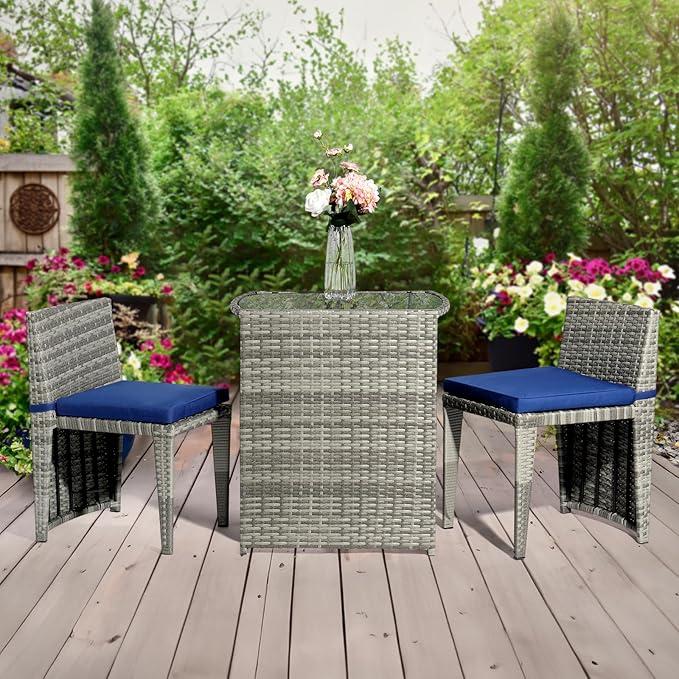 Bonnlo 3 PCS Wicker Outdoor Patio Bistro Set, Patio Furniture Set for Small Space with Glass Top Table Dining Chairs, Balcony Furniture Patio Table and Chairs Set of 2 for Garden Yard Porch (Grey)
